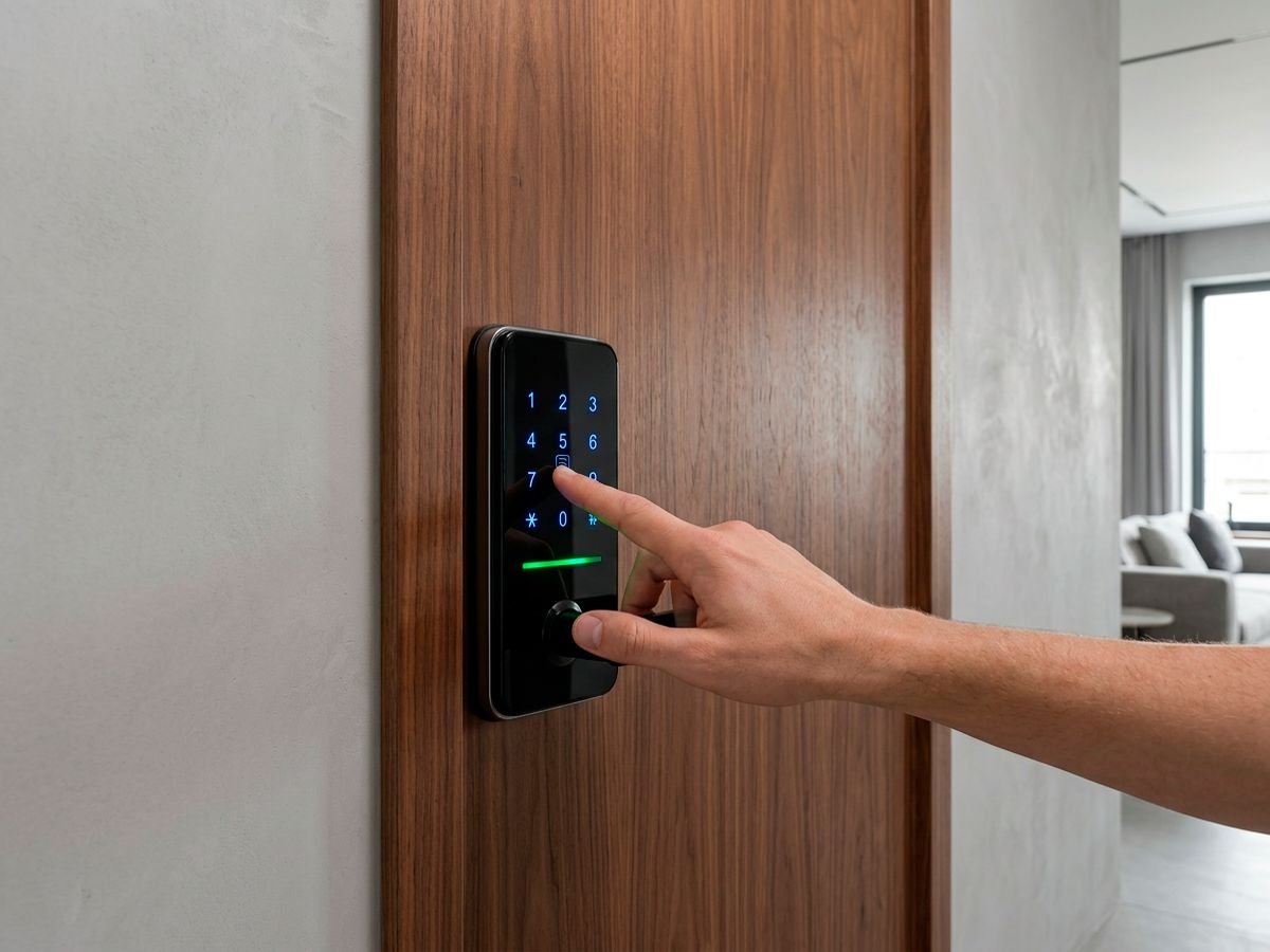 Fechadura digital com teclado instalada em porta de madeira